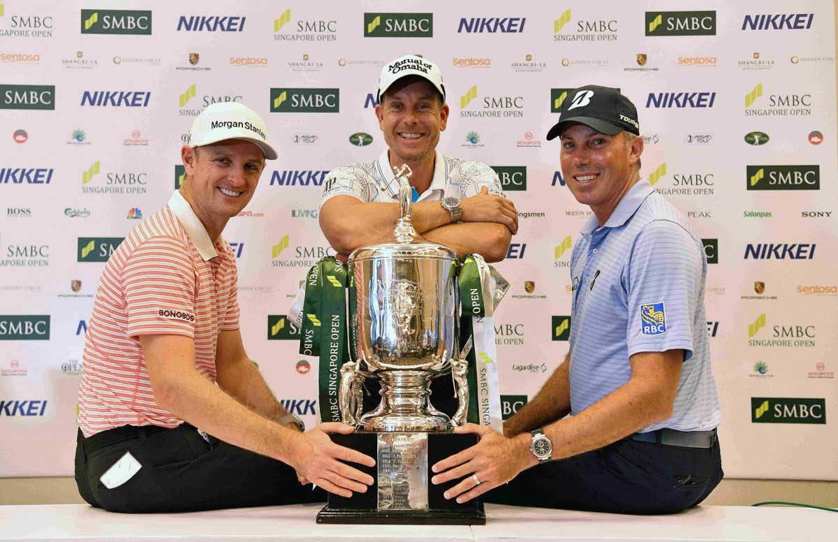 国内男子プロゴルフツアー開幕戦のＳＭＢＣシンガポールオープンの公式会見に出席した（左から）リオ五輪金メダルのローズ（英国）、銀メダルのステンソン（スウェーデン）、銅メダルのクーチャー（米国）